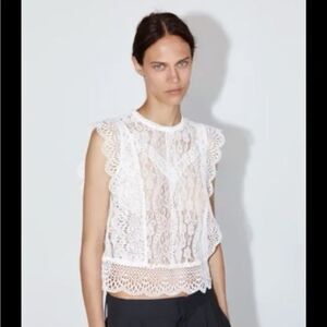 White Floral Lace Sleeveless Mock Neck Top - Boho Romantic Shell - Size S